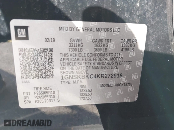 2019 Chevrolet Tahoe LT с VIN 1GNSKBKC4KR272918, выставлен на аукционе IAAI как лот 41322220 с пробегом 186 883 миль миль и . История ставок и продаж доступна на DreamBid. Изображение 9.