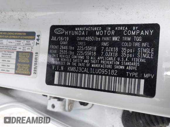 2020 Hyundai Tucson SEL z VIN KM8J3CAL1LU095182, wystawiony jako IAAI lot #41851648 z przebiegiem 25 208 mil mil oraz . Historia ofert i sprzedaży dostępna na DreamBid. Obrazek 9.