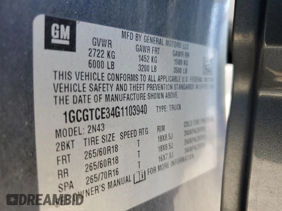 2016 Chevrolet Colorado 4WD LT with VIN 1GCGTCE34G1103940, listed as a Copart auction lot 58073315 with 144,433 mi miles and Salvage title. Bid and sale history available at DreamBid. Image 13.
