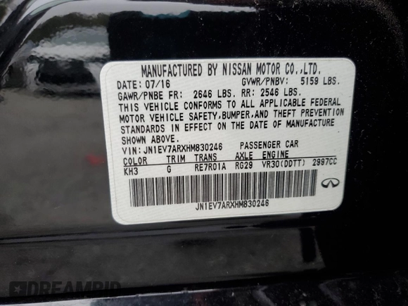 2017 Infiniti Q50 3.0t Sport with VIN JN1EV7ARXHM830246, listed as a Copart auction lot 85226954 with 0 mi miles and Salvage Title. Bid and sale history available at carsss.com. Image 13.