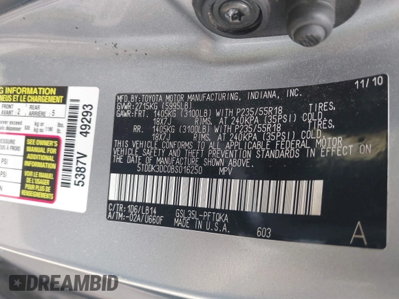 2011 Toyota Sienna XLE with VIN 5TDDK3DC0BS016250, listed as a IAAI auction lot 42156903 with 201,821 mi miles and . Bid and sale history available at DreamBid. Image 9.