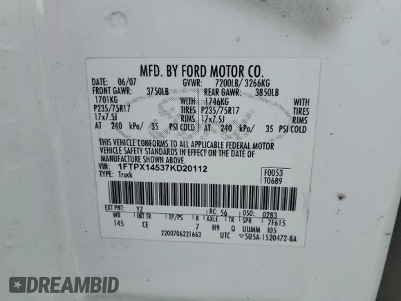 2007 Ford F-150 XLT z VIN 1FTPX14537KD20112, wystawiony jako Copart lot #63620575 z przebiegiem 185 021 mil mil oraz Czysty tytuł • Clean title. Historia ofert i sprzedaży dostępna na DreamBid. Obrazek 12.