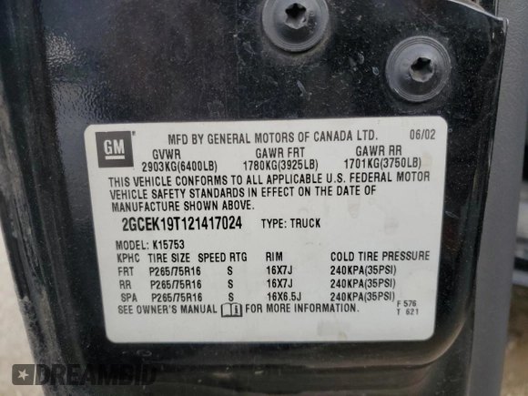 2002 Chevrolet Silverado 1500 LT with VIN 2GCEK19T121417024, listed as a Copart auction lot 83435334 with 130,927 mi miles and Salvage Title. Bid and sale history available at carsss.com. Image 12.