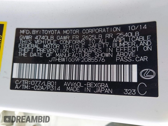 2015 Lexus ES 300h with VIN JTHBW1GG9F2085576, listed as a IAAI auction lot 42386317 with 142,788 mi miles and . Bid and sale history available at DreamBid. Image 9.