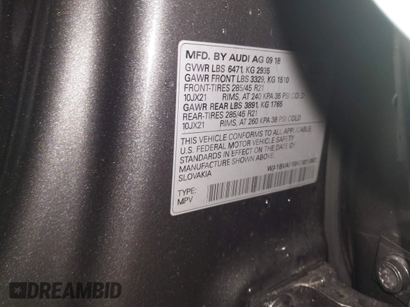 2019 Audi Q8 Premium Plus with VIN WA1BVAF10KD010002, listed as a IAAI auction lot 42326499 with 68,585 mi miles and . Bid and sale history available at DreamBid. Image 9.