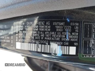 1998 Mercedes-Benz C 230/260/280/320 with VIN WDBHA23G1WA629062, listed as a IAAI auction lot 41562213 with 99,315 mi miles and . Bid and sale history available at carsss.com. Image 9.