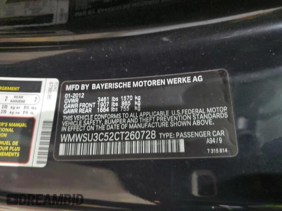 2012 MINI Hardtop with VIN WMWSU3C52CT260728, listed as a Copart auction lot 45391265 with 70,180 mi miles and Clean Title. Bid and sale history available at DreamBid. Image 12.