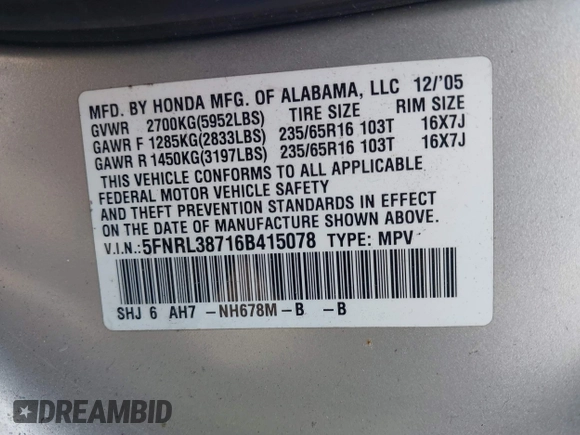 2006 Honda Odyssey EX-L with VIN 5FNRL38716B415078, listed as a IAAI auction lot 42188202 with 246,571 mi miles and . Bid and sale history available at DreamBid. Image 9.