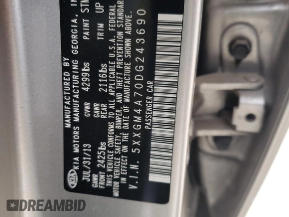 2013 Kia Optima LX with VIN 5XXGM4A70DG243690, listed as a Copart auction lot 48791165 with 0 mi miles and Salvage Title. Bid and sale history available at carsss.com. Image 12.