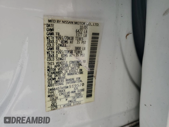 2006 Nissan Titan XE with VIN 1N6BA07A46N519520, listed as a Copart auction lot 57784305 with 164,328 mi miles and Salvage title. Bid and sale history available at DreamBid. Image 12.