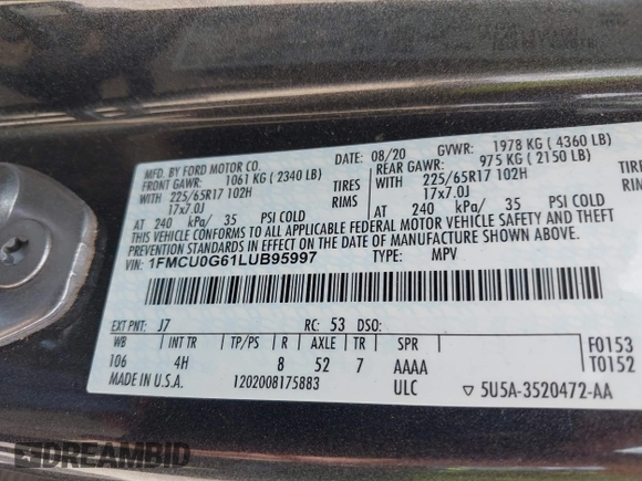 2020 Ford Escape SE z VIN 1FMCU0G61LUB95997, wystawiony jako IAAI lot #42687641 z przebiegiem 80 125 mil mil oraz . Historia ofert i sprzedaży dostępna na DreamBid. Obrazek 9.