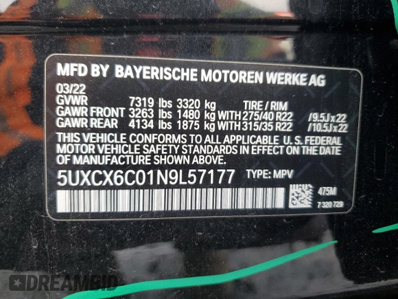2022 BMW X7 M50i with VIN 5UXCX6C01N9L57177, listed as a Copart auction lot 88522035 with 33,031 mi miles and Salvage Title. Bid and sale history available at carsss.com. Image 13.