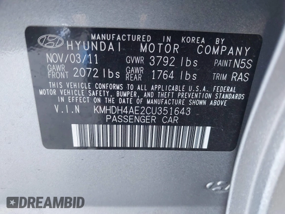 2012 Hyundai Elantra Limited with VIN KMHDH4AE2CU351643, listed as a IAAI auction lot 41433395 with 53,334 mi miles. Bid and sale history available at carsss.com. Image 9.