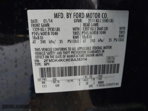 2014 Ford Edge Limited with VIN 2FMDK4KC8EBA38314, listed as a IAAI auction lot 42033850 with 132,756 mi miles. Bid and sale history available at carsss.com. Image 9.