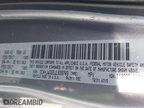 2018 Jeep Wrangler Unlimited Sport S with VIN 1C4HJWDG5JL839703, listed as a IAAI auction lot 42140205 with 61,604 mi miles and . Bid and sale history available at DreamBid. Image 9.