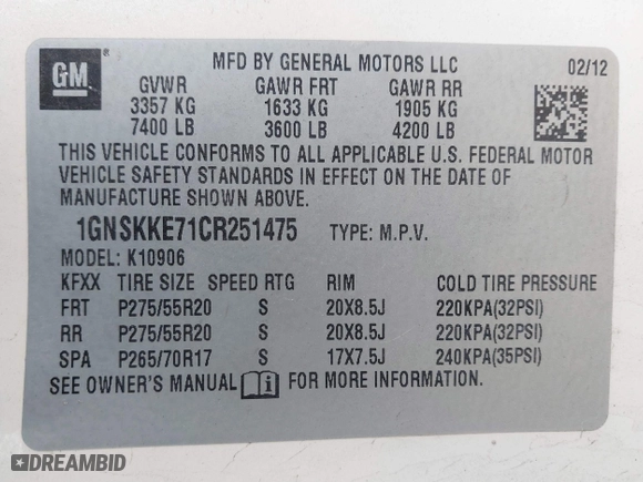 2012 Chevrolet Suburban LTZ with VIN 1GNSKKE71CR251475, listed as a IAAI auction lot 41276204 with 241,316 mi miles. Bid and sale history available at carsss.com. Image 9.
