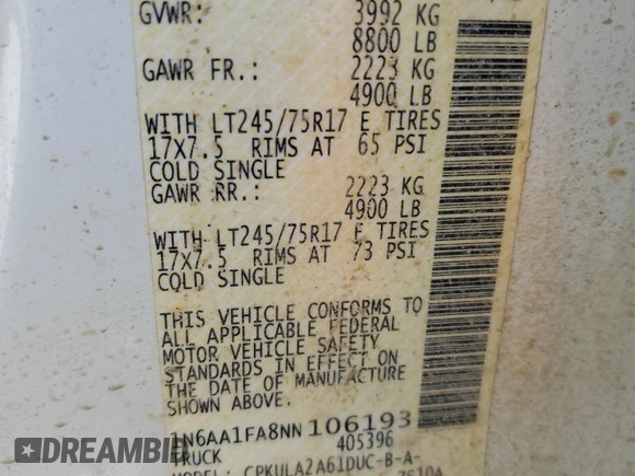 2022 Nissan Titan SV z VIN 1N6AA1FA8NN106193, wystawiony jako Copart lot #56479285 z przebiegiem 27 443 mil mil oraz Szkoda całkowita • Salvage title. Historia ofert i sprzedaży dostępna na DreamBid. Obrazek 12.