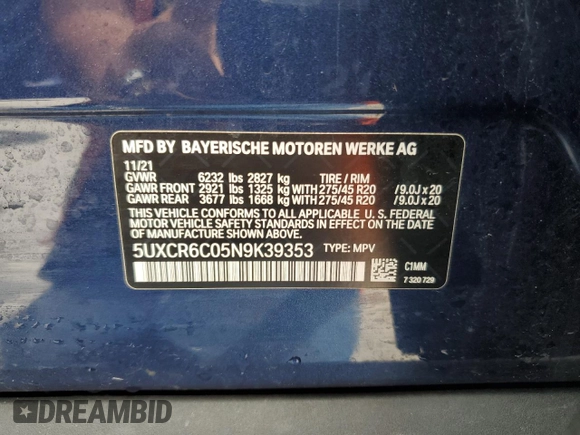 2022 BMW X5 xDrive40i z VIN 5UXCR6C05N9K39353, wystawiony jako Copart lot #51664805 z przebiegiem Nie podano mil oraz Szkoda całkowita • Salvage title. Historia ofert i sprzedaży dostępna na DreamBid. Obrazek 12.
