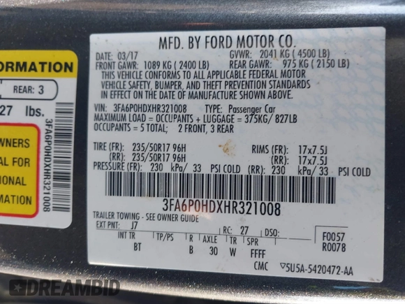 2017 Ford Fusion SE z VIN 3FA6P0HDXHR321008, wystawiony jako IAAI lot #41620779 z przebiegiem 110 116 mil mil oraz . Historia ofert i sprzedaży dostępna na DreamBid. Obrazek 9.