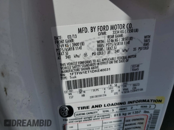 2013 Ford F-150 XL с VIN 1FTFW1ET1DKE40031, выставлен на аукционе Copart как лот 60820325 с пробегом 197 595 миль миль и Чистый • Clean title. История ставок и продаж доступна на DreamBid. Изображение 12.