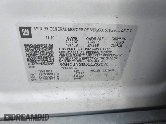 2020 Chevrolet Trax LS with VIN 3GNCJNSB5LL202191, listed as a IAAI auction lot 41885136 with 43,734 mi miles. Bid and sale history available at carsss.com. Image 9.