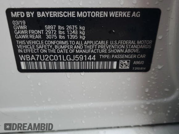 2020 BMW 7 Series 750i xDrive with VIN WBA7U2C01LGJ59144, listed as a Copart auction lot 58518693 with 71,119 mi miles. Bid and sale history available at carsss.com. Image 10.