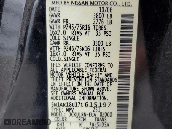 2007 Nissan Pathfinder S with VIN 5N1AR18U17C615197, listed as a Copart auction lot 53191045 with 225,166 mi miles and Clean Title. Bid and sale history available at carsss.com. Image 13.