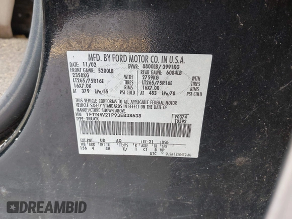 2003 Ford F-250 XL с VIN 1FTNW21P93EB38638, выставлен на аукционе IAAI как лот 42278948 с пробегом 565 931 миль миль и . История ставок и продаж доступна на DreamBid. Изображение 9.
