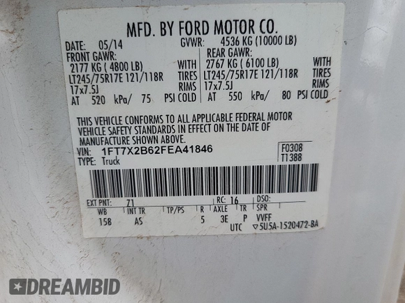 2015 Ford F-250 XLT z VIN 1FT7X2B62FEA41846, wystawiony jako IAAI lot #42740615 z przebiegiem 179 837 mil mil oraz . Historia ofert i sprzedaży dostępna na DreamBid. Obrazek 4.