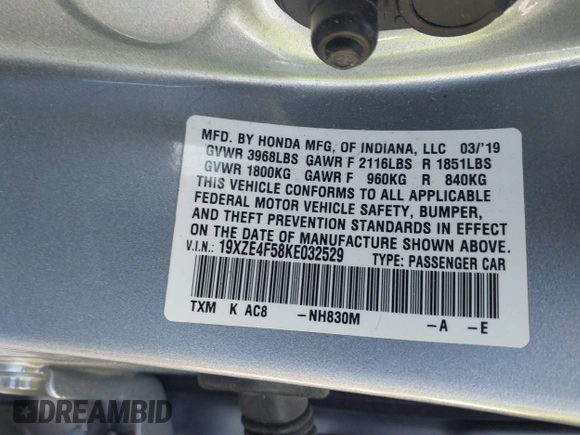 2019 Honda Insight EX with VIN 19XZE4F58KE032529, listed as a IAAI auction lot 41856313 with 59,109 mi miles and . Bid and sale history available at carsss.com. Image 9.