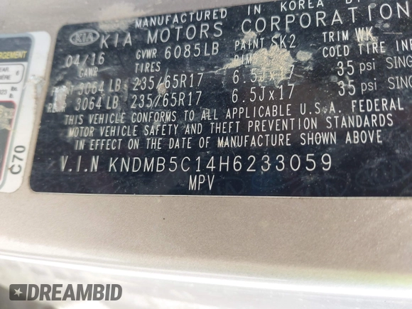 2017 Kia Sedona LX with VIN KNDMB5C14H6233059, listed as a IAAI auction lot 42006480 with 109,748 mi miles. Bid and sale history available at carsss.com. Image 9.