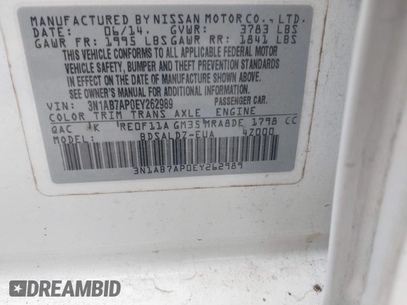 2014 Nissan Sentra S with VIN 3N1AB7AP0EY262989, listed as a IAAI auction lot 41528906 with 133,275 mi miles and . Bid and sale history available at DreamBid. Image 9.