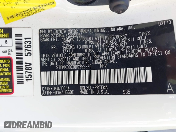 2013 Toyota Sienna LE AAS z VIN 5TDKK3DC0DS352376, wystawiony jako IAAI lot #42734860 z przebiegiem 184 622 mil mil oraz . Historia ofert i sprzedaży dostępna na DreamBid. Obrazek 9.