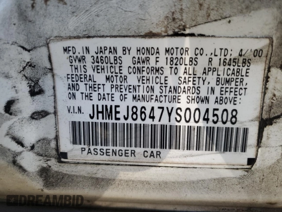 2000 Honda Civic EX with VIN JHMEJ8647YS004508, listed as a Copart auction lot 76315554 with 204,597 mi miles and Clean Title. Bid and sale history available at carsss.com. Image 12.