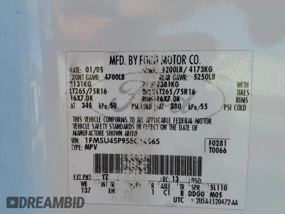 2005 Ford Excursion Eddie Bauer z VIN 1FMSU45P95EC14565, wystawiony jako Copart lot #84520134 z przebiegiem 276 698 mil mil oraz Szkoda całkowita • Salvage title. Historia ofert i sprzedaży dostępna na DreamBid. Obrazek 12.
