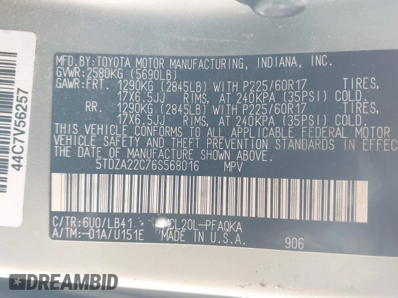2006 Toyota Sienna XLE with VIN 5TDZA22C76S568016, listed as a IAAI auction lot 41391293 with 192,339 mi miles. Bid and sale history available at carsss.com. Image 9.