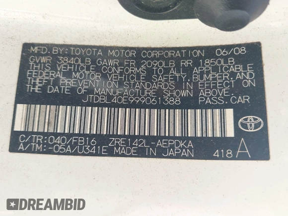 2009 Toyota Corolla with VIN JTDBL40E999061388, listed as a IAAI auction lot 42573110 with 190,140 mi miles and . Bid and sale history available at DreamBid. Image 9.