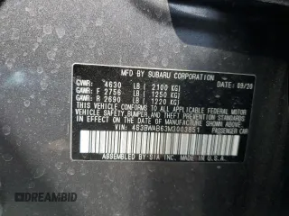 2021 Subaru Legacy with VIN 4S3BWAB63M3003851, listed as a Copart auction lot 54211325 with 36,124 mi miles and Salvage title. Bid and sale history available at DreamBid. Image 13.
