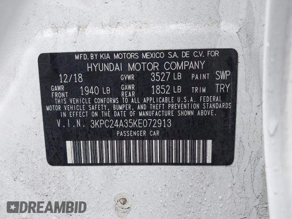 2019 Hyundai Accent SE with VIN 3KPC24A35KE072913, listed as a IAAI auction lot 41507672 with 68,218 mi miles and . Bid and sale history available at carsss.com. Image 9.