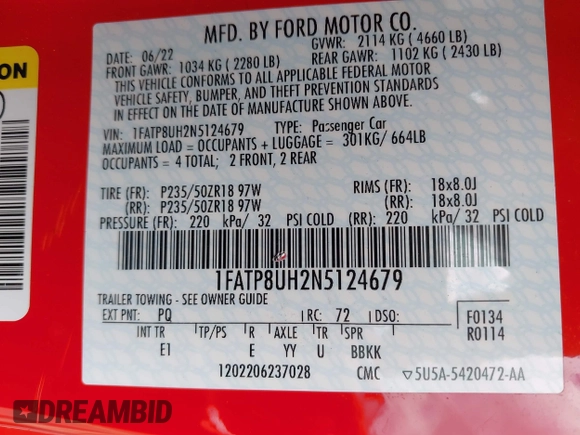 2022 Ford Mustang EcoBoost z VIN 1FATP8UH2N5124679, wystawiony jako IAAI lot #42271957 z przebiegiem 44 470 mil mil oraz . Historia ofert i sprzedaży dostępna na DreamBid. Obrazek 9.