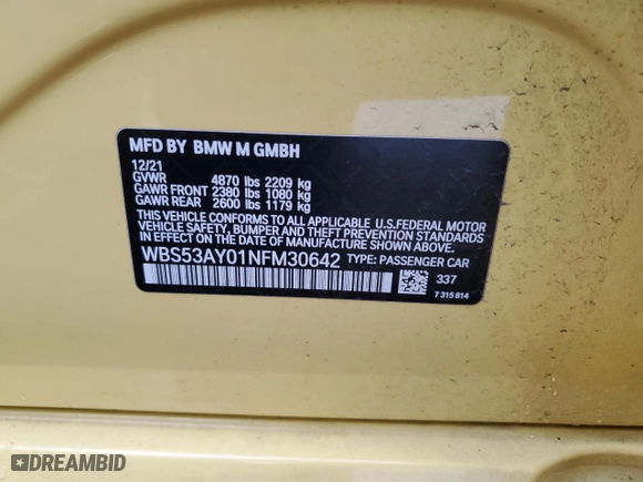 2022 BMW M3 with VIN WBS53AY01NFM30642, listed as a Copart auction lot 85710584 with 0 mi miles and Salvage Title. Bid and sale history available at carsss.com. Image 12.