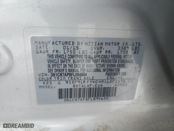 2015 Nissan Versa S Plus with VIN 3N1CN7AP8FL894654, listed as a Copart auction lot 45168535 with 112,996 mi miles and Salvage Title. Bid and sale history available at carsss.com. Image 12.