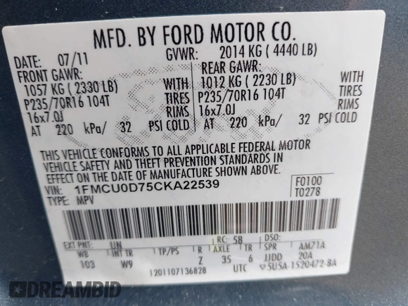 2012 Ford Escape XLT with VIN 1FMCU0D75CKA22539, listed as a IAAI auction lot 42775549 with 212,920 mi miles and . Bid and sale history available at DreamBid. Image 9.