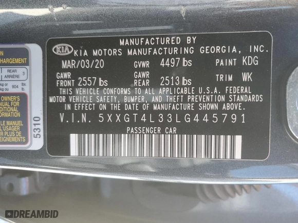 2020 Kia Optima SE with VIN 5XXGT4L33LG445791, listed as a Copart auction lot 74915704 with 84,367 mi miles and Salvage Title. Bid and sale history available at carsss.com. Image 14.