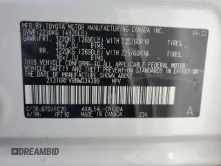 2022 Toyota RAV4 Hybrid SE with VIN 2T3T6RFV8NW034399, listed as a Copart auction lot 60249015 with 39,495 mi miles and Salvage title. Bid and sale history available at DreamBid. Image 12.