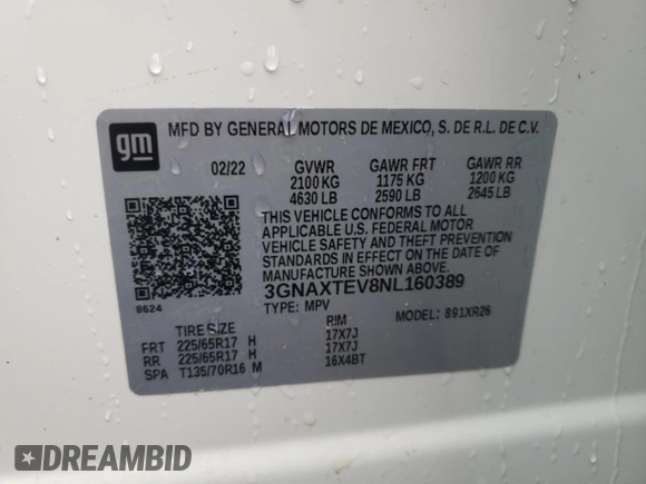 2022 Chevrolet Equinox LT with VIN 3GNAXTEV8NL160389, listed as a Copart auction lot 67119714 with 26,471 mi miles and Salvage Title. Bid and sale history available at carsss.com. Image 13.
