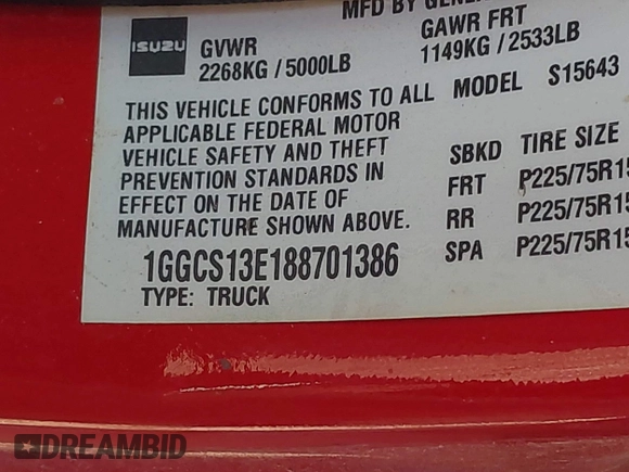 2008 Isuzu i-370 LS with VIN 1GGCS13E188701386, listed as a IAAI auction lot 39908326 with 1 mi miles. Bid and sale history available at carsss.com. Image 9.