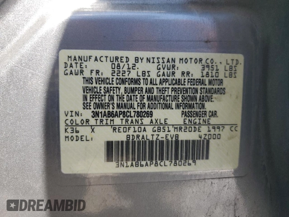 2012 Nissan Sentra SL with VIN 3N1AB6AP8CL780269, listed as a Copart auction lot 63018405 with 155,317 mi miles and Salvage title. Bid and sale history available at DreamBid. Image 13.