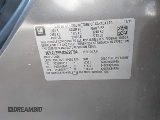 2012 GMC Terrain SLE-2 with VIN 2GKALSEK4C6228794, listed as a IAAI auction lot 40937214 with 144,647 mi miles and . Bid and sale history available at DreamBid. Image 8.