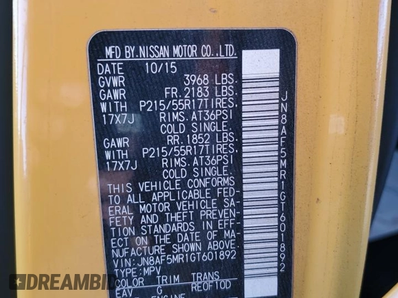 2016 Nissan Juke S z VIN JN8AF5MR1GT601892, wystawiony jako Copart lot #56599415 z przebiegiem 164 097 mil mil oraz Szkoda całkowita • Salvage title. Historia ofert i sprzedaży dostępna na DreamBid. Obrazek 12.